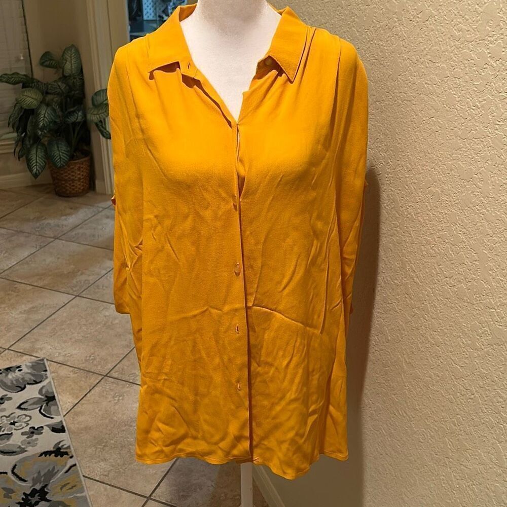 Diane Von Furstenberg L Roll Tab Sleeve Button Up Blouse Mustard Yellow Office